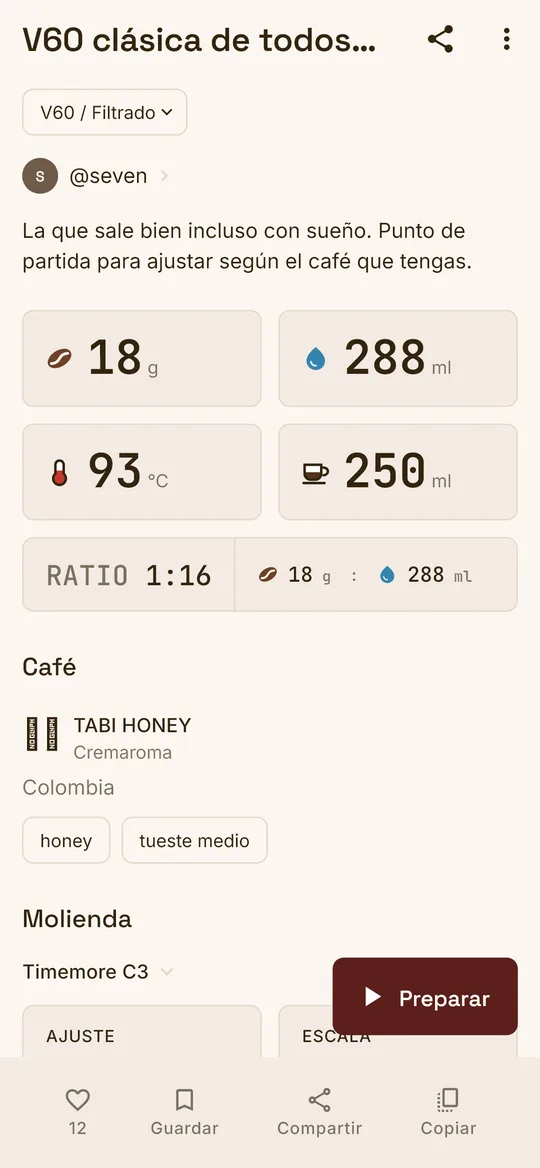 Detalle de una receta de V60 con dosis, agua, ratio y temperatura